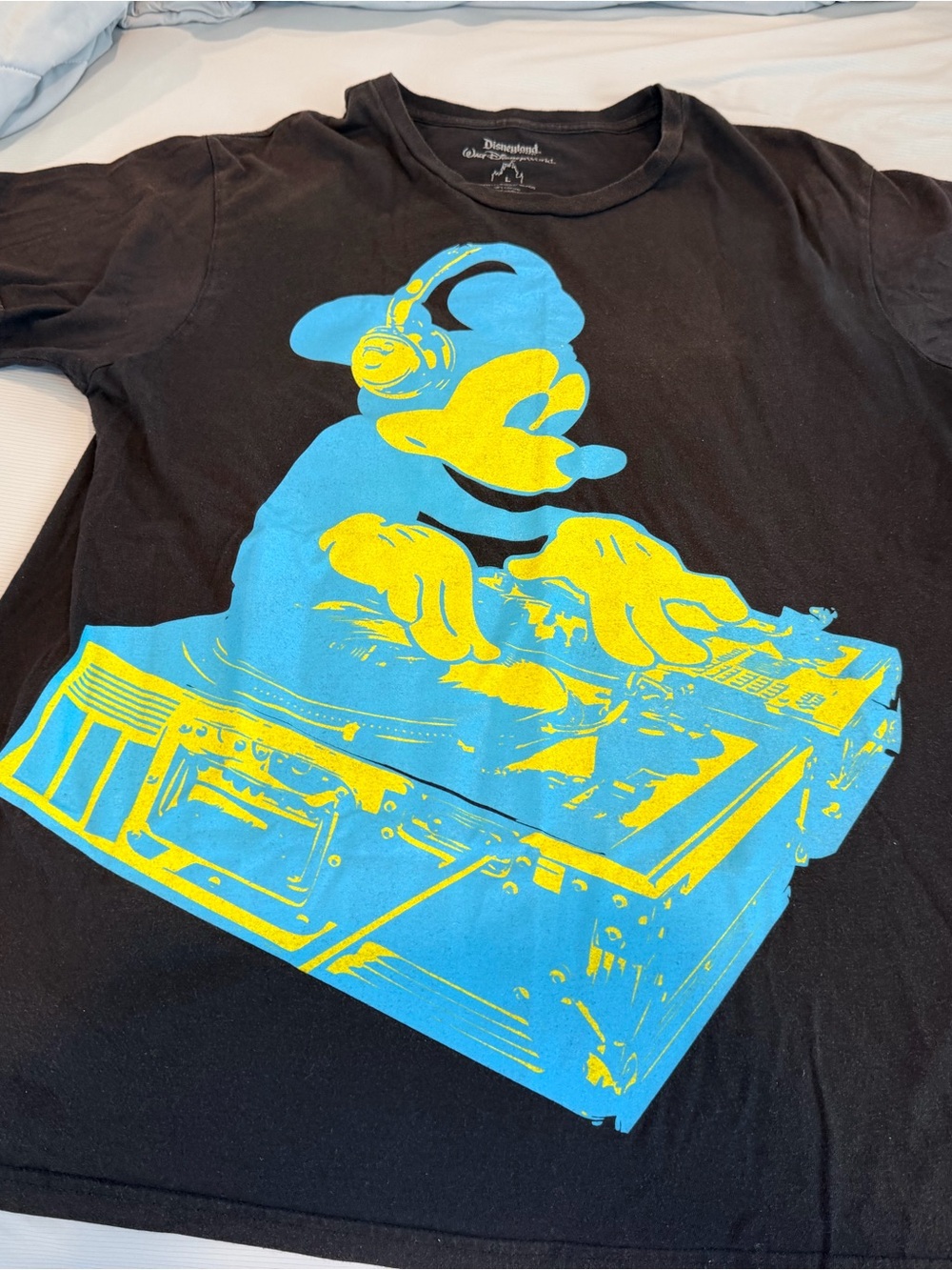 Vintage Disney Black Tee with Blue and Yellow DJ Mickey Graphic